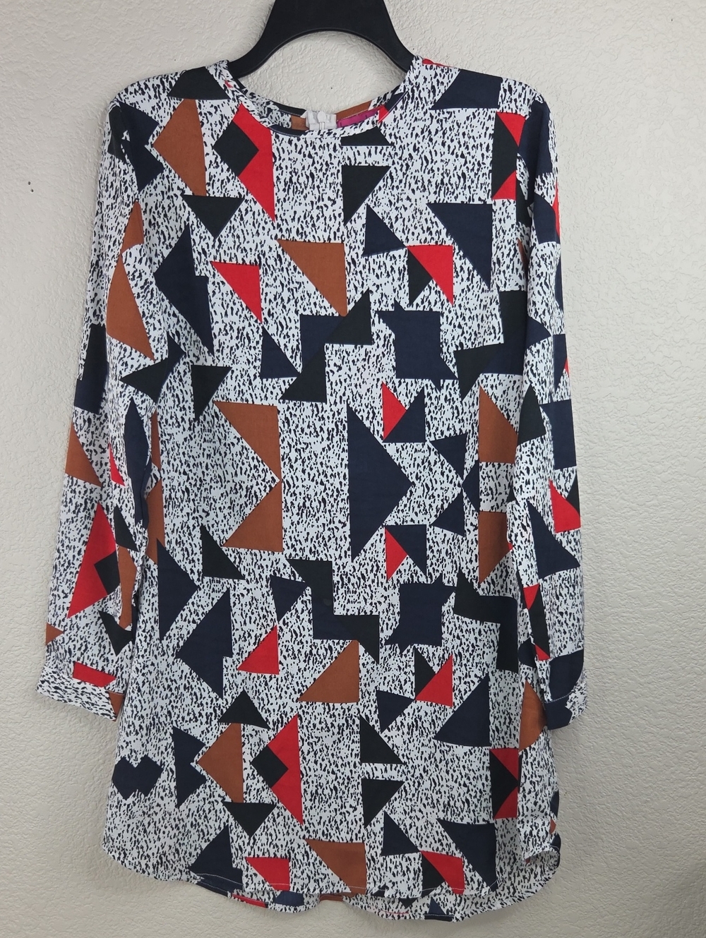 Boohoo Geometric Print Long Sleeve Dress in Navy, Brown & Red